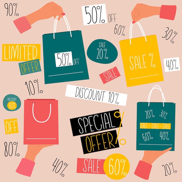 Conjunto con bolsa de compras para mujeres a la venta Etiquetas de descuento con varios porcentajes VectorxD