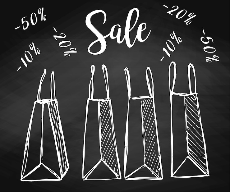 Vector conjunto de bolsas de la compra en la pizarra. ilustración de vector de un estilo de dibujo. venta de inscripción.
