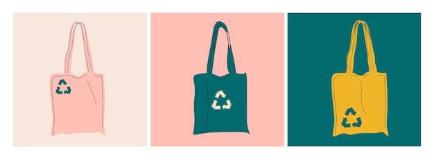 Vector conjunto de bolsas de compras conjunto de tres ilustraciones vectoriales dibujadas a mano.