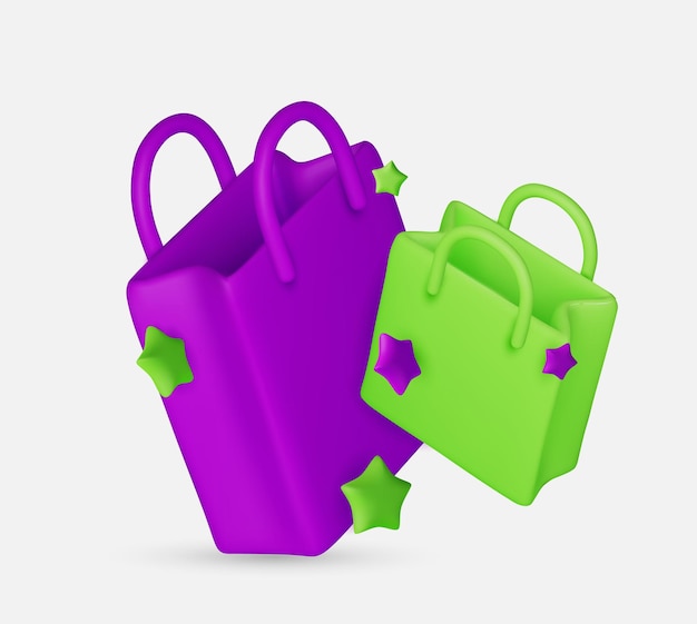 Conjunto de bolsas de compras de diseño 3D realista bolsas de moda elegantes aisladas sobre fondo blanco ilustración vectorial