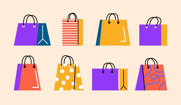 Conjunto de bolsas de compras Ilustración plana de colores brillantes aisladas Gran colección