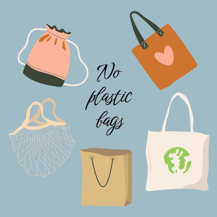 Vector conjunto de bolsas de compras reutilizables. lindos elementos sin desperdicio. cuida el medio ambiente, nada de plástico