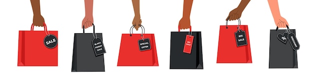 Conjunto de bolsas de compras rojas y negras con etiquetas en manos humanas venta del Viernes Negro