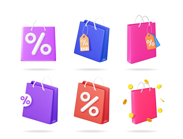 Conjunto de bolsas de compras con varios símbolos de descuento y monedas flotantes Concepto