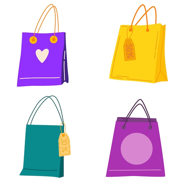 Conjunto de bolsas de compras Venta del Día Mundial de los Derechos del Consumidor La bolsa de compras vacía está aislada en blanco Ilustración de dibujos animados vectoriales