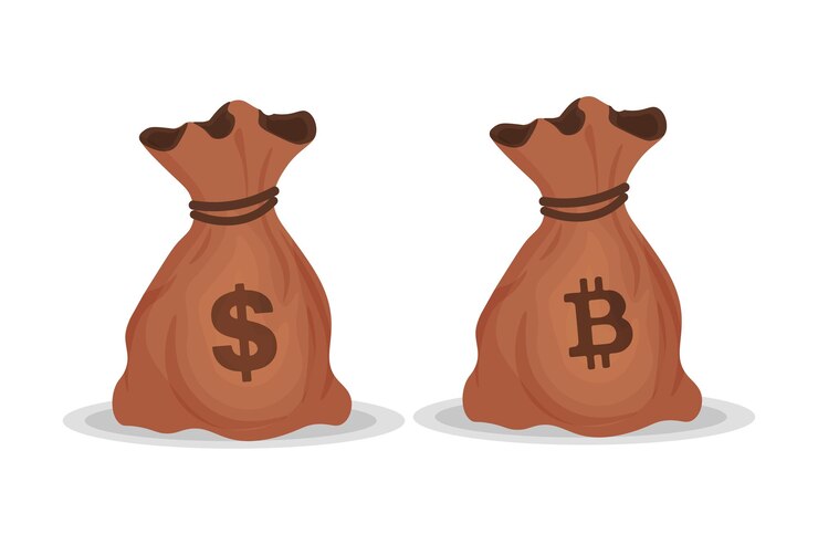 Conjunto de bolsas de dinero en estilo plano Saco de negocios y finanzas con un signo de dólar y un signo de bitcoin