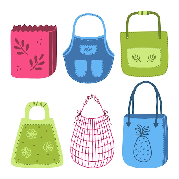 Vector conjunto de bolsas ecológicas de colores dibujadas a mano y redes aisladas sobre un fondo blanco