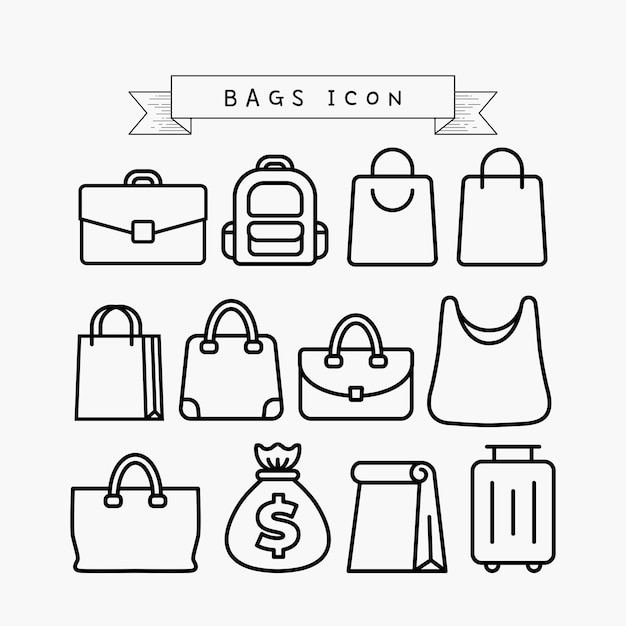 Conjunto de bolsas Ilustración de iconos de contorno en varias categorías, incluida la mochila de plástico y más