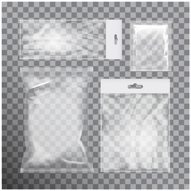 Vector conjunto de bolsas de papel de aluminio transparente en blanco para alimentos, meriendas, café, cacao, dulces, galletas, papas fritas, nueces, azúcar. paquete de plastico