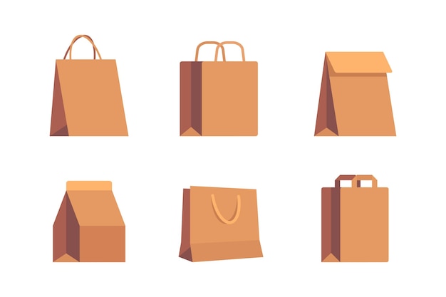 Vector conjunto de bolsas de papel de cartón en blanco marrón kraft vacías para compras en la tienda