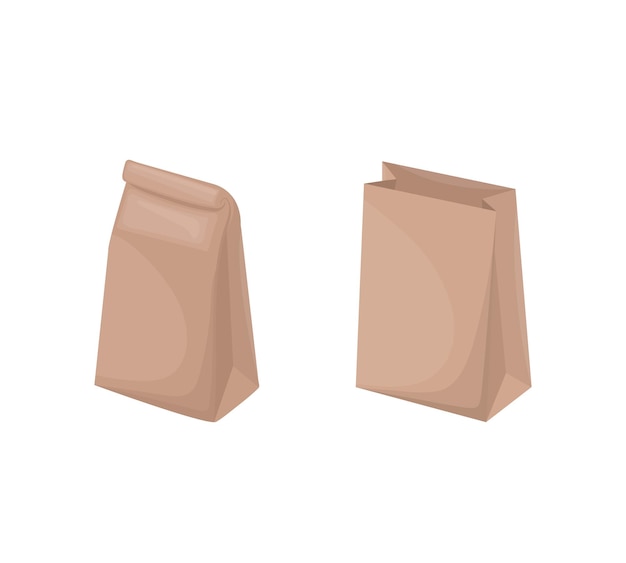 Conjunto de bolsas de papel dibujadas a mano Bolsas de papel para almuerzo, alimentos, artesanía y compras