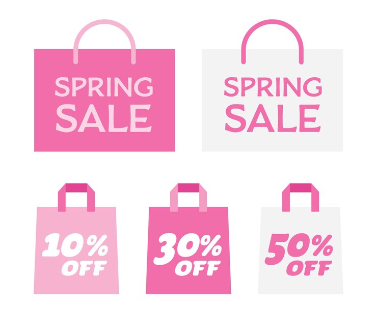 Vector conjunto de las bolsas de papel rosas y blancas de las rebajas de primavera