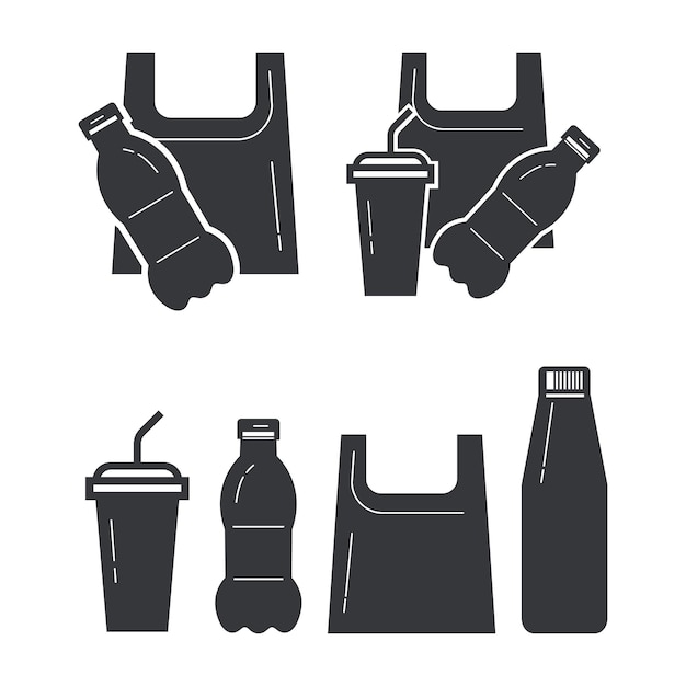 Conjunto de bolsas de plástico, icono de botella de taza para el reciclaje de residuos, símbolo y signo