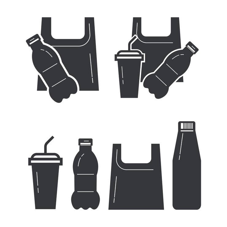 Vector conjunto de bolsas de plástico, icono de botella de taza para el reciclaje de residuos, símbolo y signo