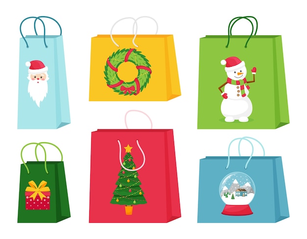Un conjunto de bolsas de regalo o compras con elementos navideños. Lindas ilustraciones con personajes y símbolos de la Navidad. Ilustraciones de vectores aislados sobre fondo blanco.