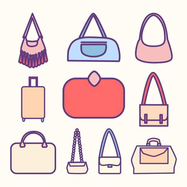 Conjunto de bolsas tipo linda ilustración de línea plana