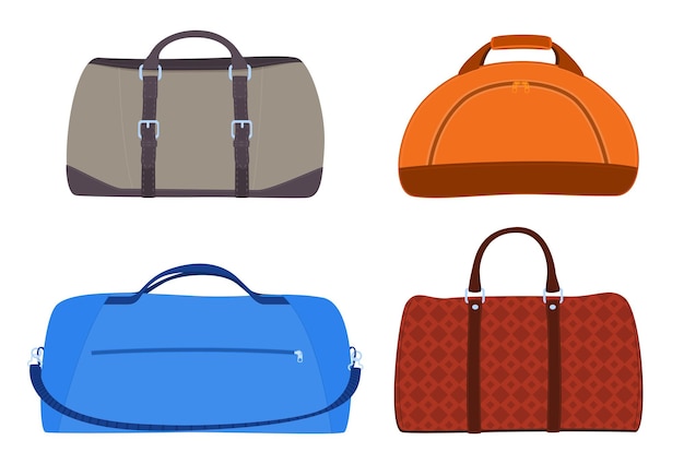 Conjunto de bolsas de viaje, equipaje de viaje, embalaje de pertenencias personales en maletas, bolsas, ilustración vectorial