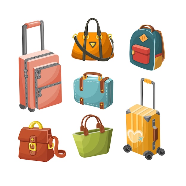 Conjunto de bolsas de viaje y mochilas de colores dibujadas a mano en estilo de dibujos animados aisladas para etiquetas y pegatinas
