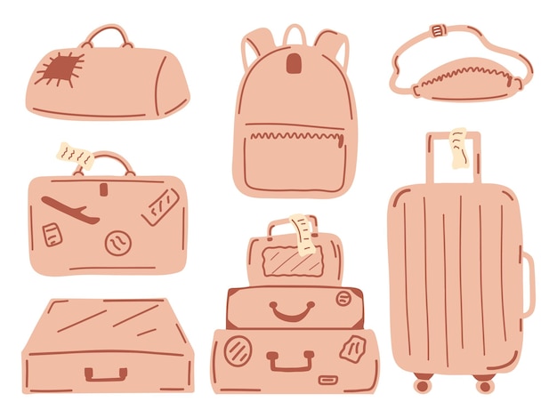 Conjunto de bolsas para viajeros maleta mochila bolso deportivo bolsa de cintura equipaje bolsas aisladas en un blanco