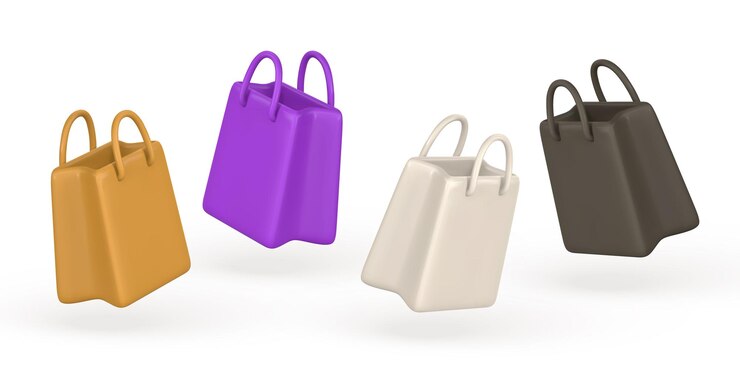Vector conjunto de bolsos de compras vacíos 3d en estilo de dibujos animados promoción de descuento ilustración vectorial