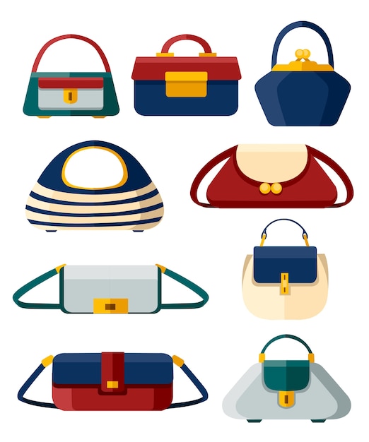 Conjunto de bolsos de mujer con estilo. colección de bolsos de diferentes formas. . ilustración sobre fondo blanco. página del sitio web y aplicación móvil.