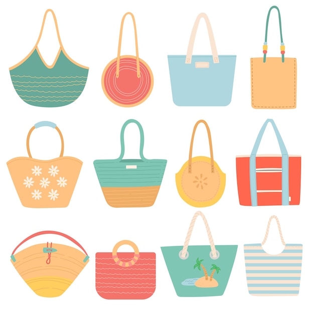 Conjunto de bolsos de verano. Cosas de playa para viajes de verano. Accesorios de vacaciones para el mar. vector plano