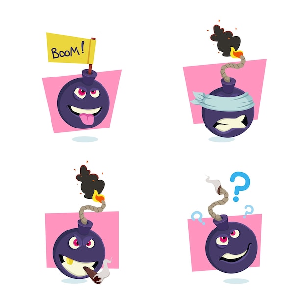 Conjunto de bomba de dibujos animados malvados con mecha ardiente y fumar con los ojos vendados expresando diferentes emociones | Vector Premium Conjunto de bomba de dibujos animados malvados con mecha ardiente y fumar con los ojos vendados expresando diferentes emociones | Vector Premium