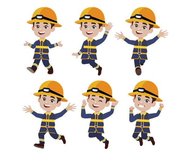 Conjunto de bombero con diferentes poses.