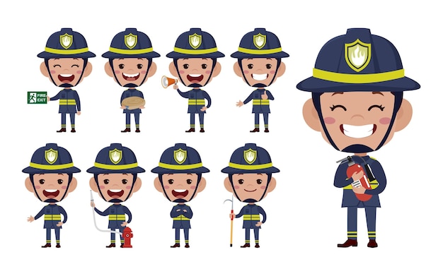 Conjunto de bombero con diferentes poses.