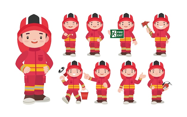 Conjunto de bombero con diferentes poses.