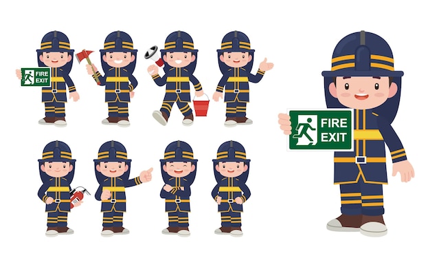 Conjunto de bombero con diferentes poses.