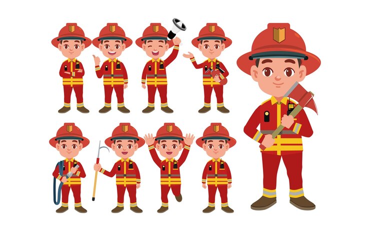 Vector conjunto de bombero con diferentes poses.