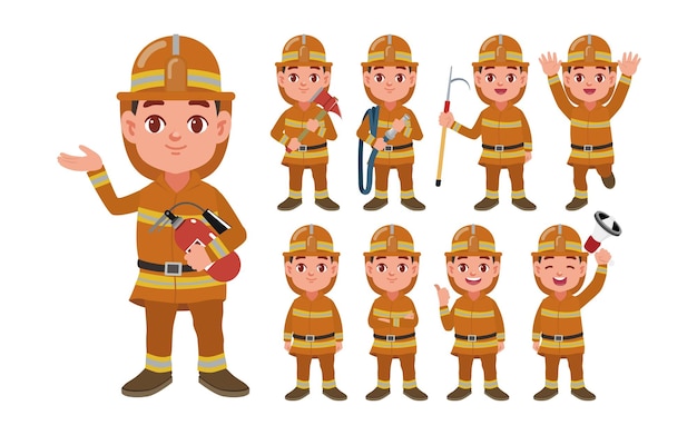 Conjunto de bombero con diferentes poses.