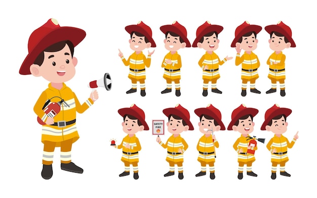 Conjunto de bombero con diferentes poses.
