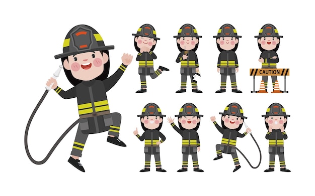 Conjunto de bombero con diferentes poses.