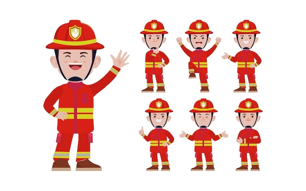 Conjunto de bombero con diferentes poses.