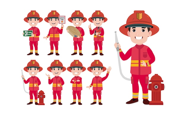 Conjunto de bombero con diferentes poses.