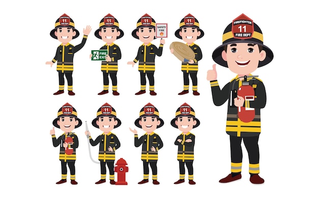 Conjunto de bombero con diferentes poses.