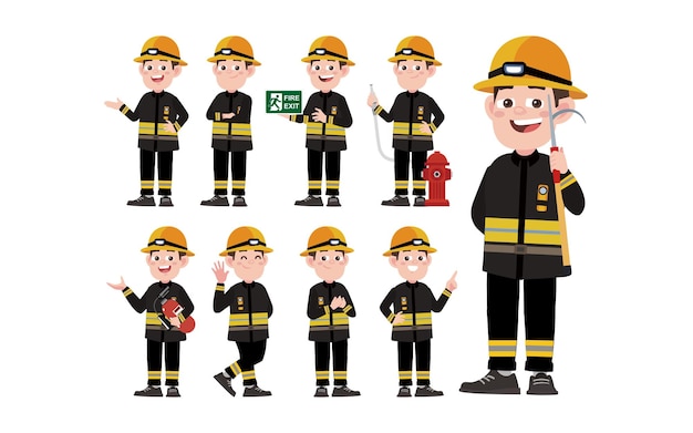 Conjunto de bombero con diferentes poses.
