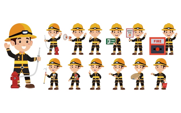Conjunto de bombero con diferentes poses.