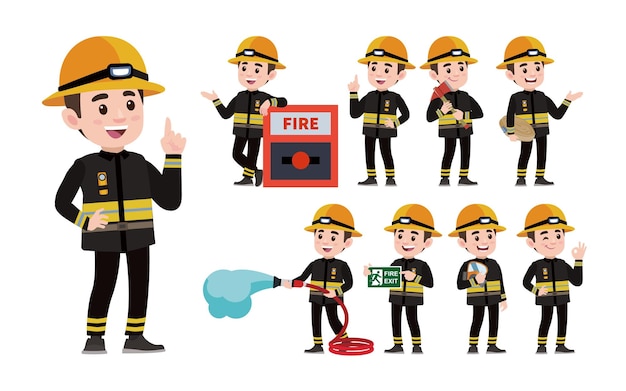 Conjunto de bombero con diferentes poses.