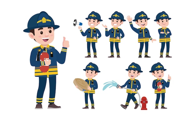 Conjunto de bombero con diferentes poses.