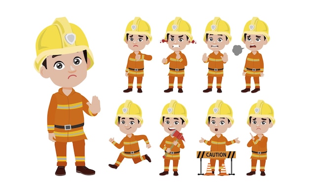 Conjunto de bombero con diferentes poses.