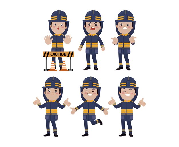 Conjunto de bombero con diferentes poses.