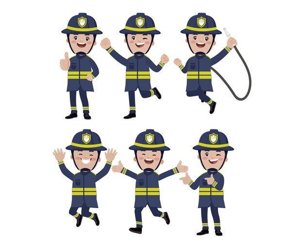 Conjunto de bombero con diferentes poses.