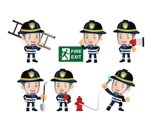 Conjunto de bombero con diferentes poses.