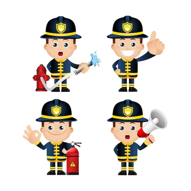 Conjunto de bombero con diferentes poses.