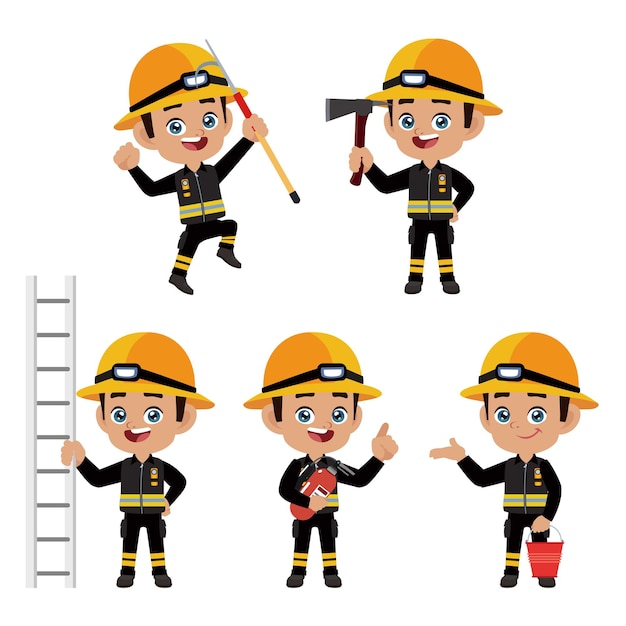 Conjunto de bombero con diferentes poses.