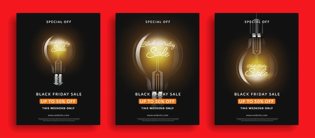 Conjunto de bombilla de lámpara brillante de fondo de venta de viernes negro diseño para cartel de marketing digital en línea tarjeta de banner 3d ilustración vectorial realista