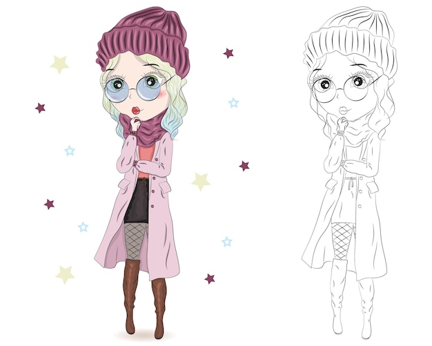 Conjunto de bonitas chicas de moda dibujadas a mano en fondo blanco Chicas de moda de dibujos animados